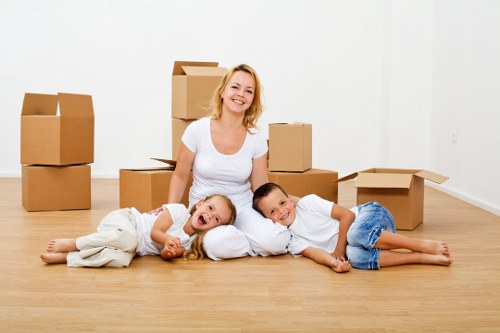 Packed moving boxes loaded into a removals van